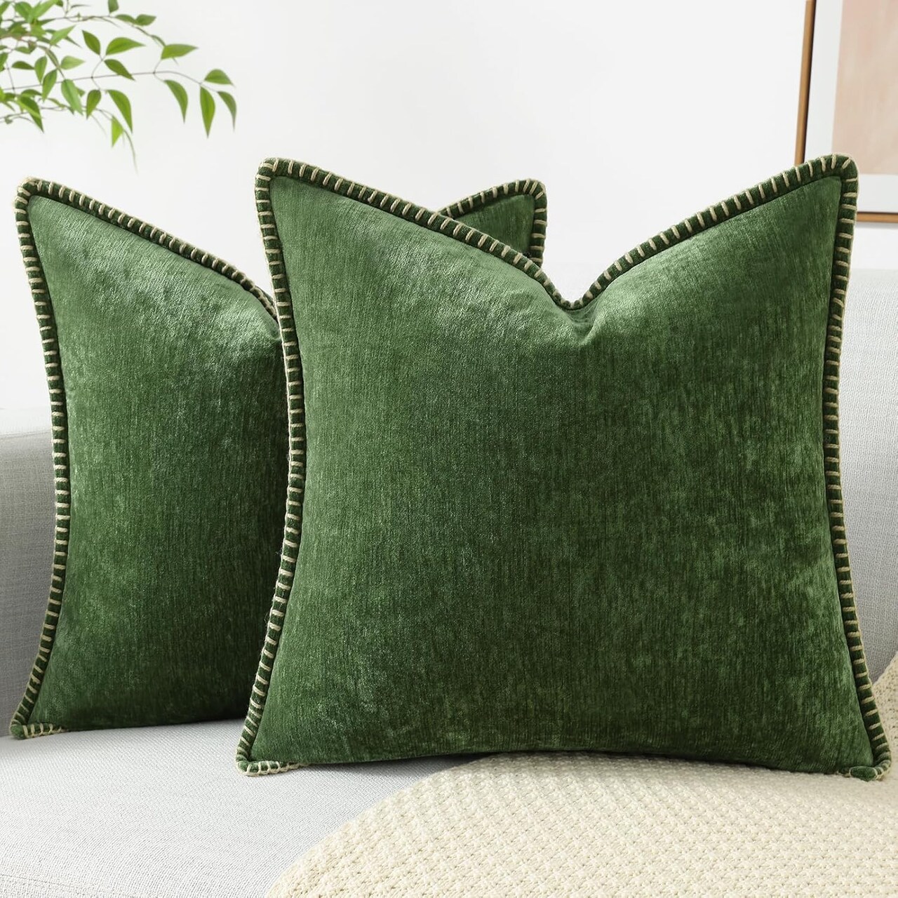 Christmas Chenille Throw Pillow Covers 18x18 Set of 2, Farmhouse Velvet Neutral Decorative Euro Pillowcases with Stitched Edge for Couch, Sofa, Bed – Forest Elf